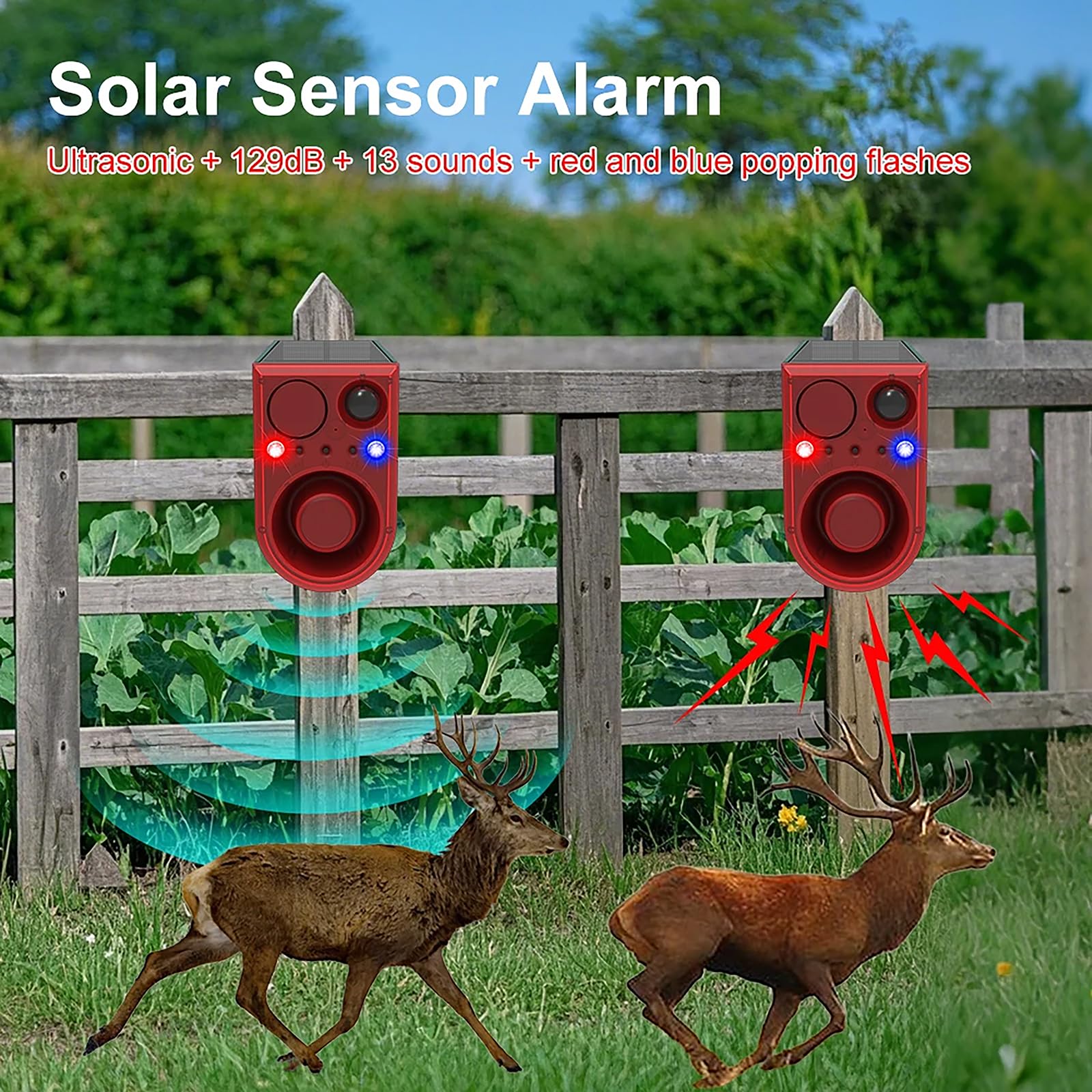 Solar-Blitzlicht-Bewegungsmelder-Alarm: Hundegebell und Schussgeräusche, 13 Arten von Warnton-Loop-Wiedergabe, 130 dB-Geräuschmacher, unterstützt Aufnahme, wasserdicht für Zuhause, Bauernhof (2 Pack)
