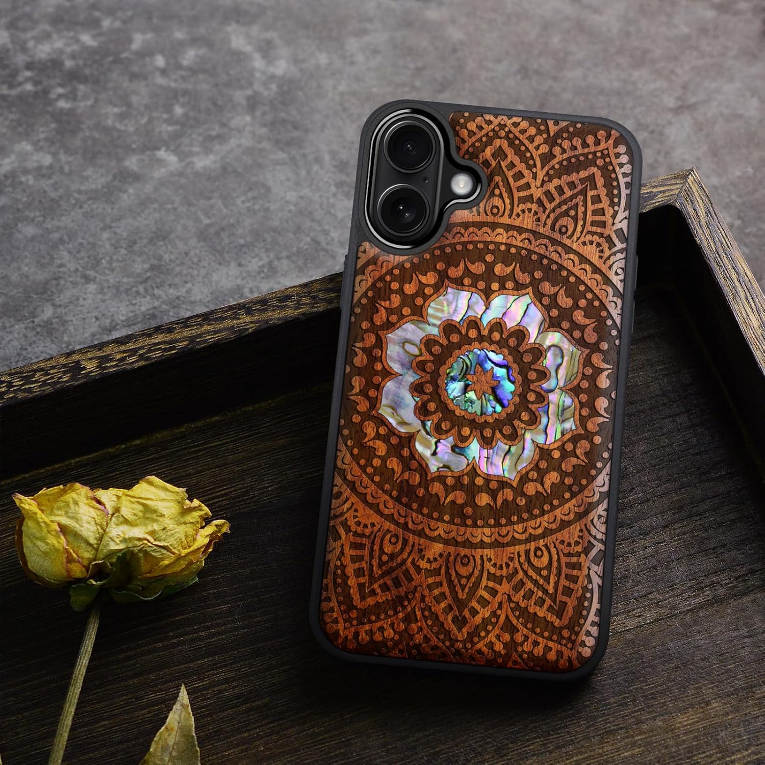 Carveit Magnetic Wooden Case for iPhone 16 Case, Wood Artisan Engraved & Handmade Shell Inlaid, TPU Shockproof Cover, Compatible with MagSafe Wireless Chargers (Mandala Pattern) Rosy