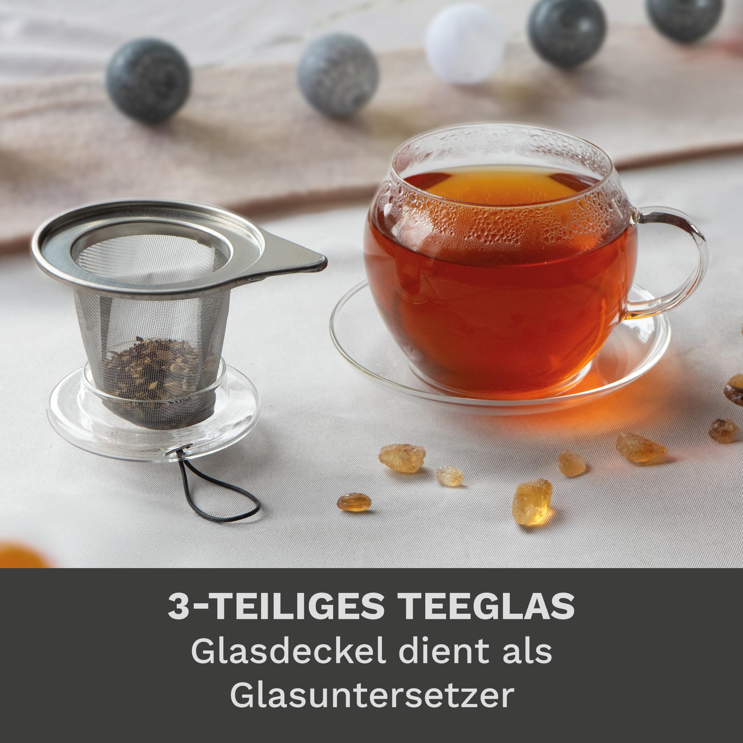 Creano JUMBO Tee-Tasse XXL mit Henkel und integriertem Edelstahlsieb, Glas-Deckel und Untertasse | 450ml