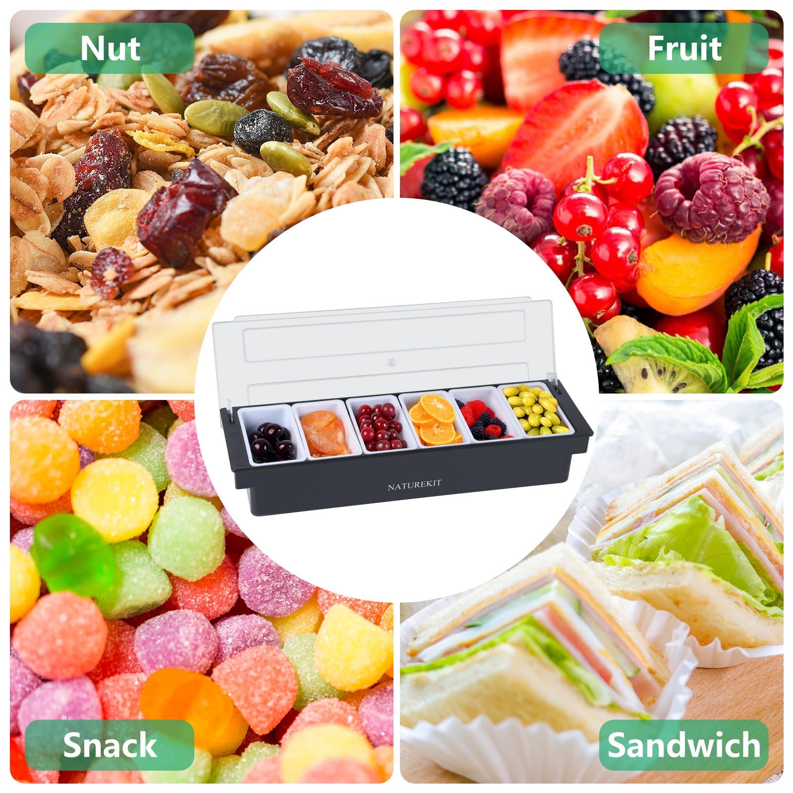 Contenedor de condimentos refrigerado por hielo, organizador de verduras y condimentos con tapa, 6 compartimentos extraíbles grandes, bandeja de guarnición refrigerada para camareros y