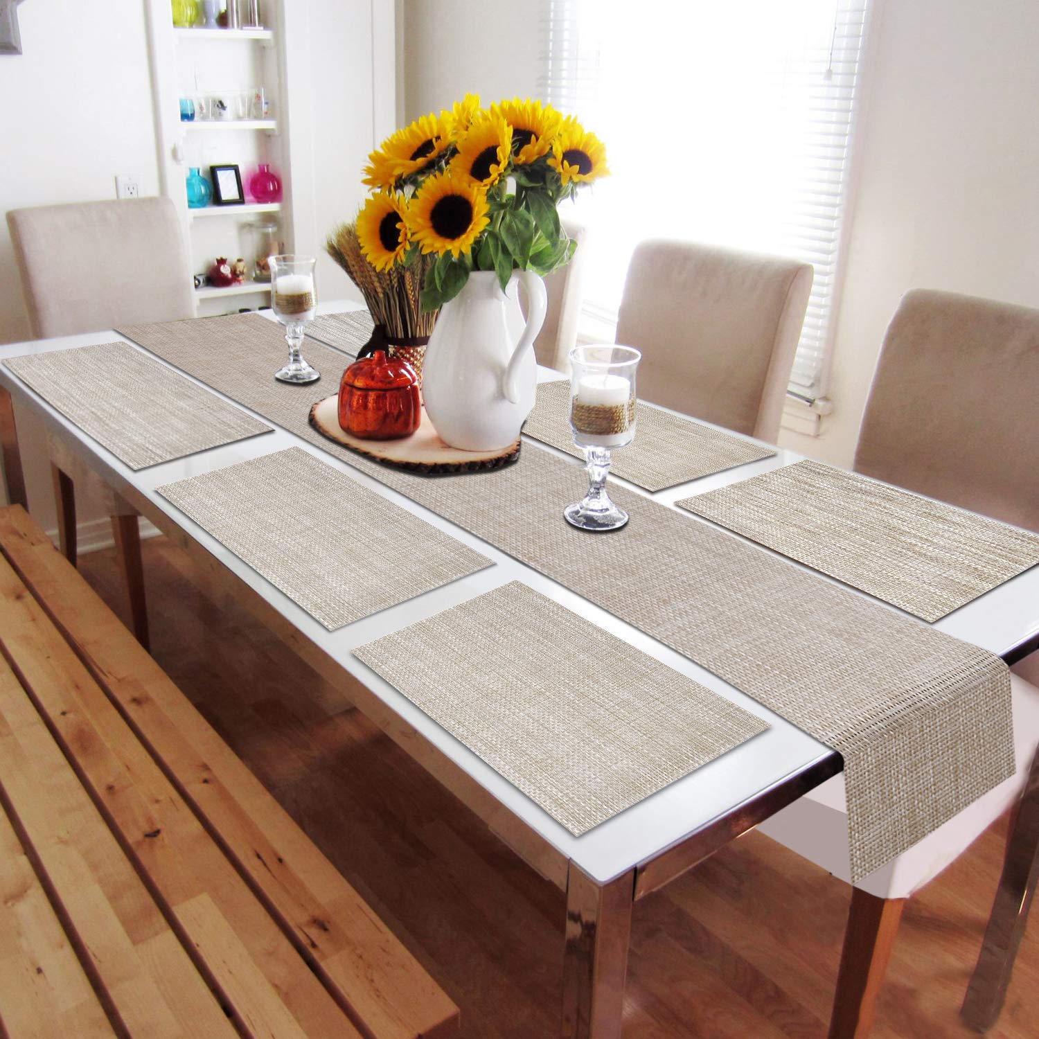 Buy HOKIPO® PVC Dining Table Mats with Runner for Table 6 Seater, Light