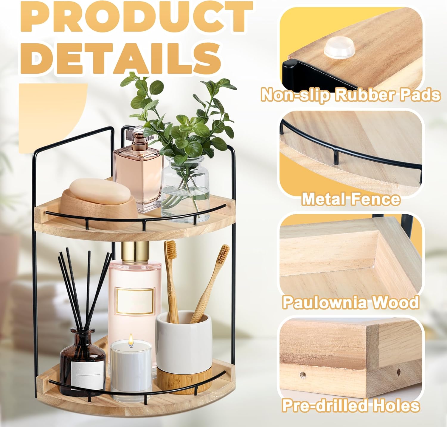 2 Tier Bathroom Counter Organizer, Bathroom Counter Tray and Vanity Organizer, Wood Corner Countertop Tray for Kitchen, Dresser (Rustic Wood)