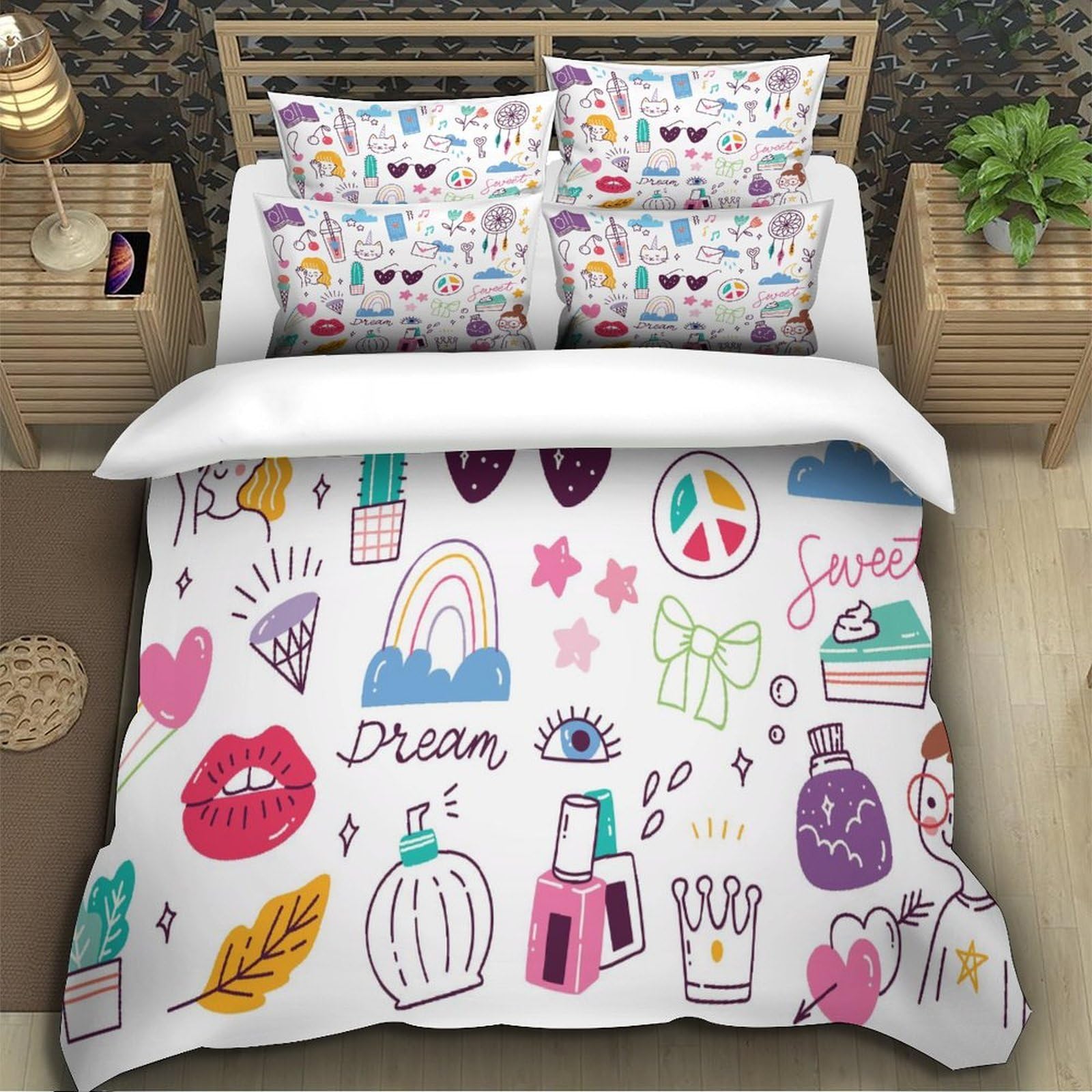 Fantasia 3D Stampata Ragazza Set Copripiumino Microfibra Morbido Decorazione Camera da Letto Set Biancheria per Tutte le Età Casa King（220x240cm）