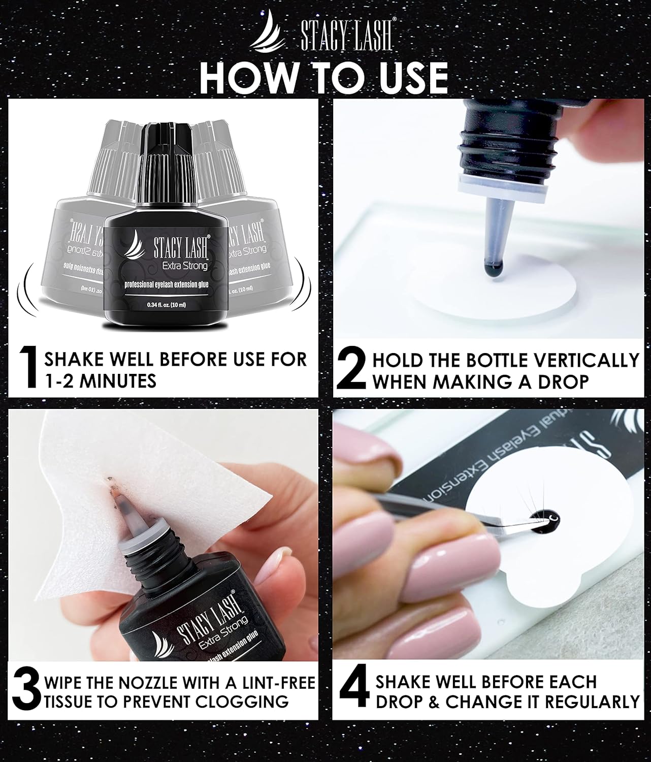 Extra Strong Eyelash Extension Glue - Stacy Lash 0.34 fl.oz / 10 ml / 0.5-1 Sec Drying time/Retention – 7 Weeks/Maximum Bonding Power/Professional Use Only Black Adhesive for Semi-Permanent Extensions : Beauty & Personal Care