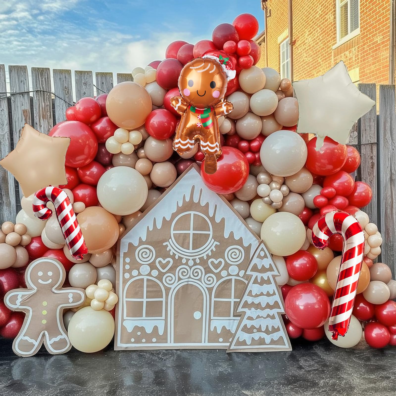 Gingerbread Christmas Balloon Garland Arch Kit Gingerbread House Red Brown Sand White Balloons with Star Candy Cane Foil Balloon for Christmas Reindeer Elk Party Xmas Winter New Year Party Decorations - Image 2