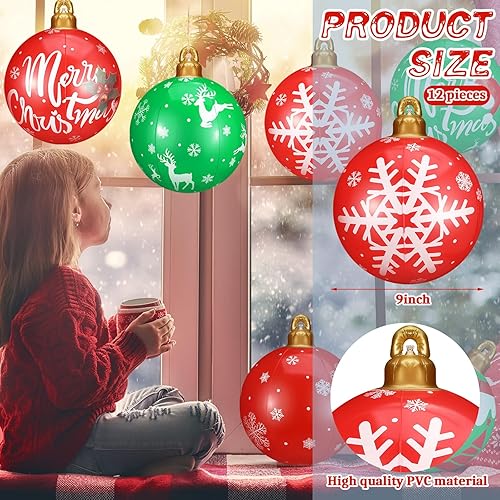 Miniatura 2 de Jetec 12 bolas inflables de Navidad para decoración al aire libre, 9 pulgadas, bolas de Navidad rojas y verdes, grandes para decoración de Navidad,