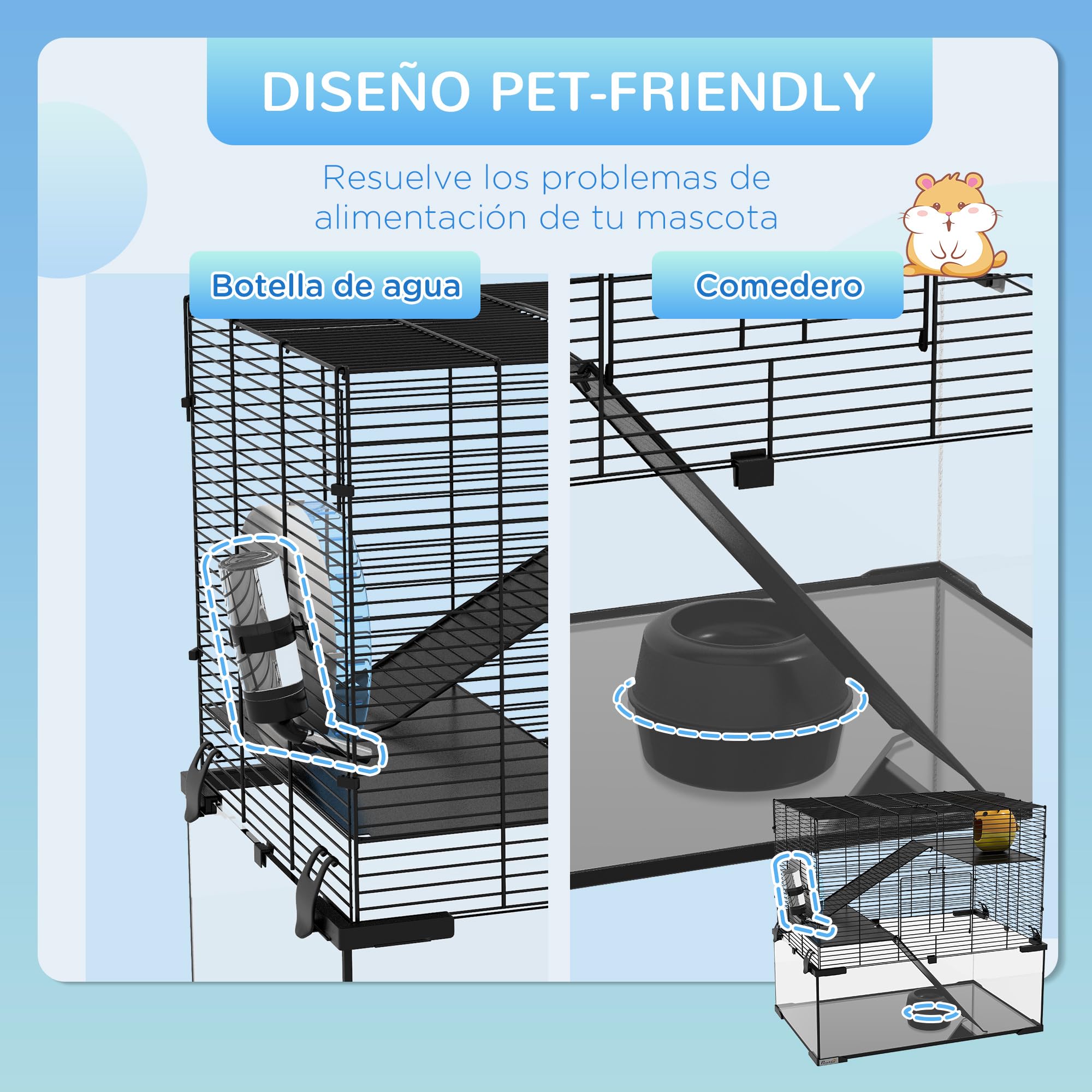 PawHut Jaula para Hámster Casa para Animales Pequeños con Fondo de Vidrio Plataformas Cuenco Bebedero Casita Rampas y Rueda de Ejercicio 60x40x54,5 cm Negro