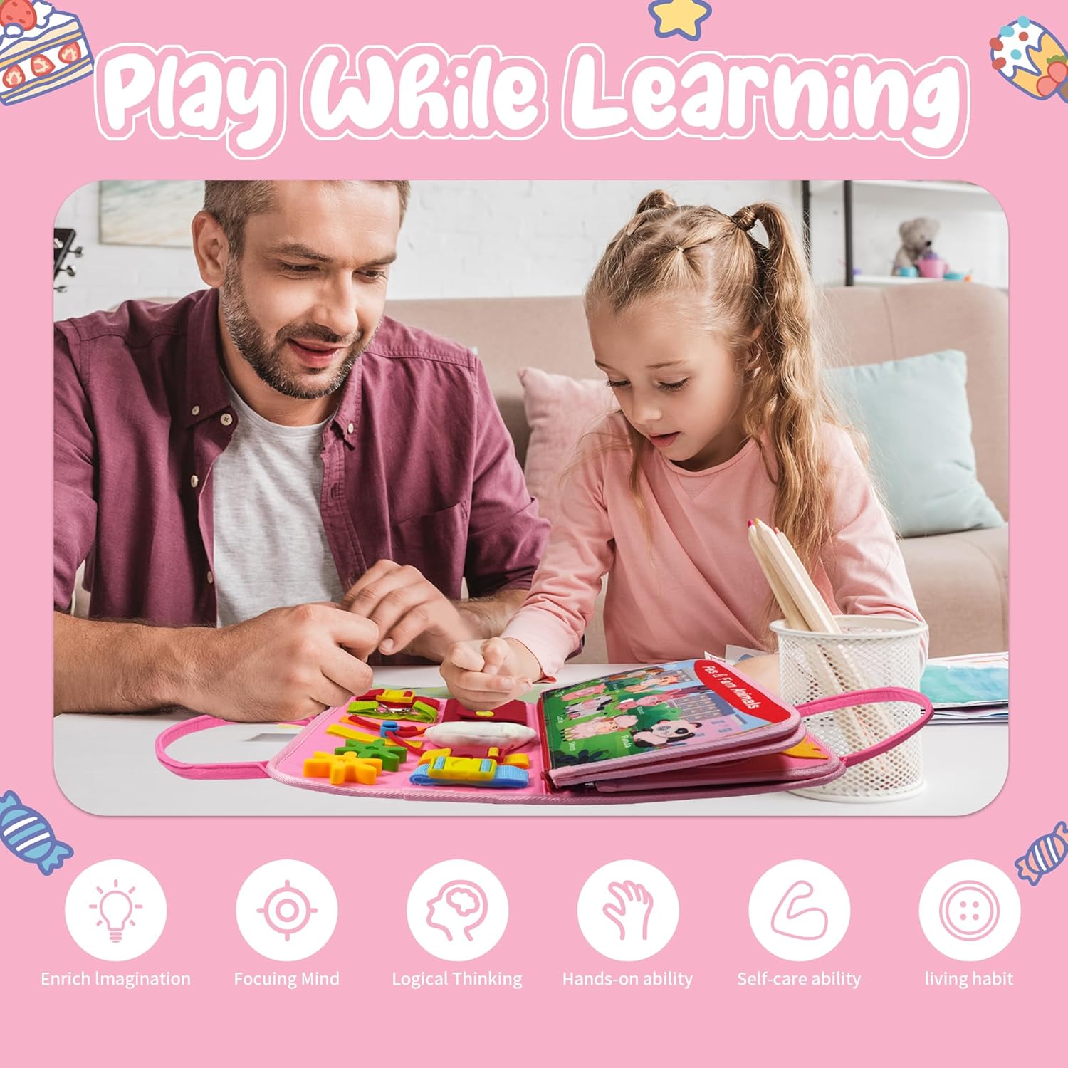 TenFans ​​Montessori Busy Board for Toddlers 3-5 Years - Sensory Toys for Fine Motor Skills - Felt Travel Activity Board with Zipper
