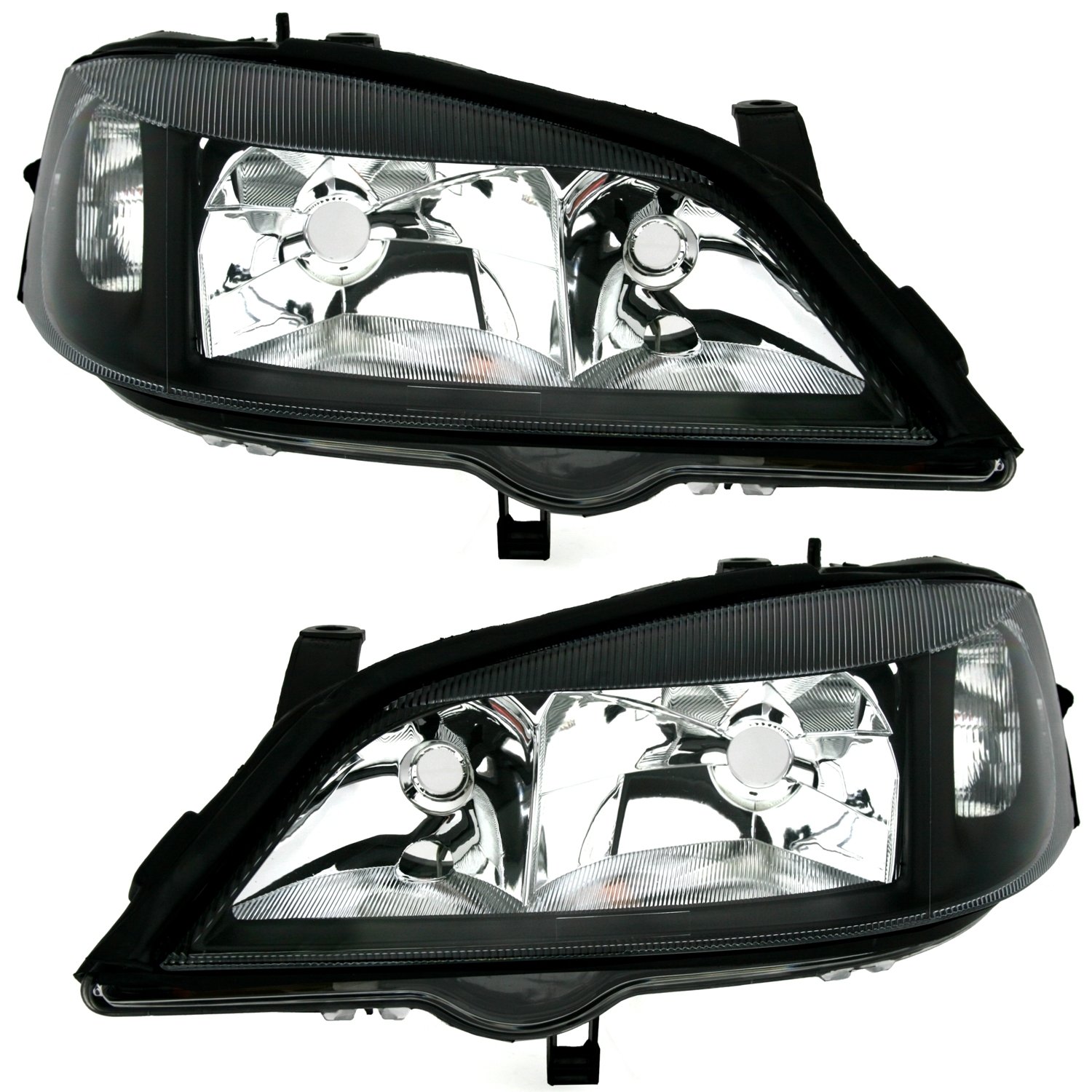 Scheinwerfer Set in Schwarz für Opel Astra G (2/1998-1/2005, außer Xenon) | Aftermarktet, Upgrade, Tuning, Halogen, H7, HB3, links, rechts, Klarglas, vorbereitet für elektr. LWR,
