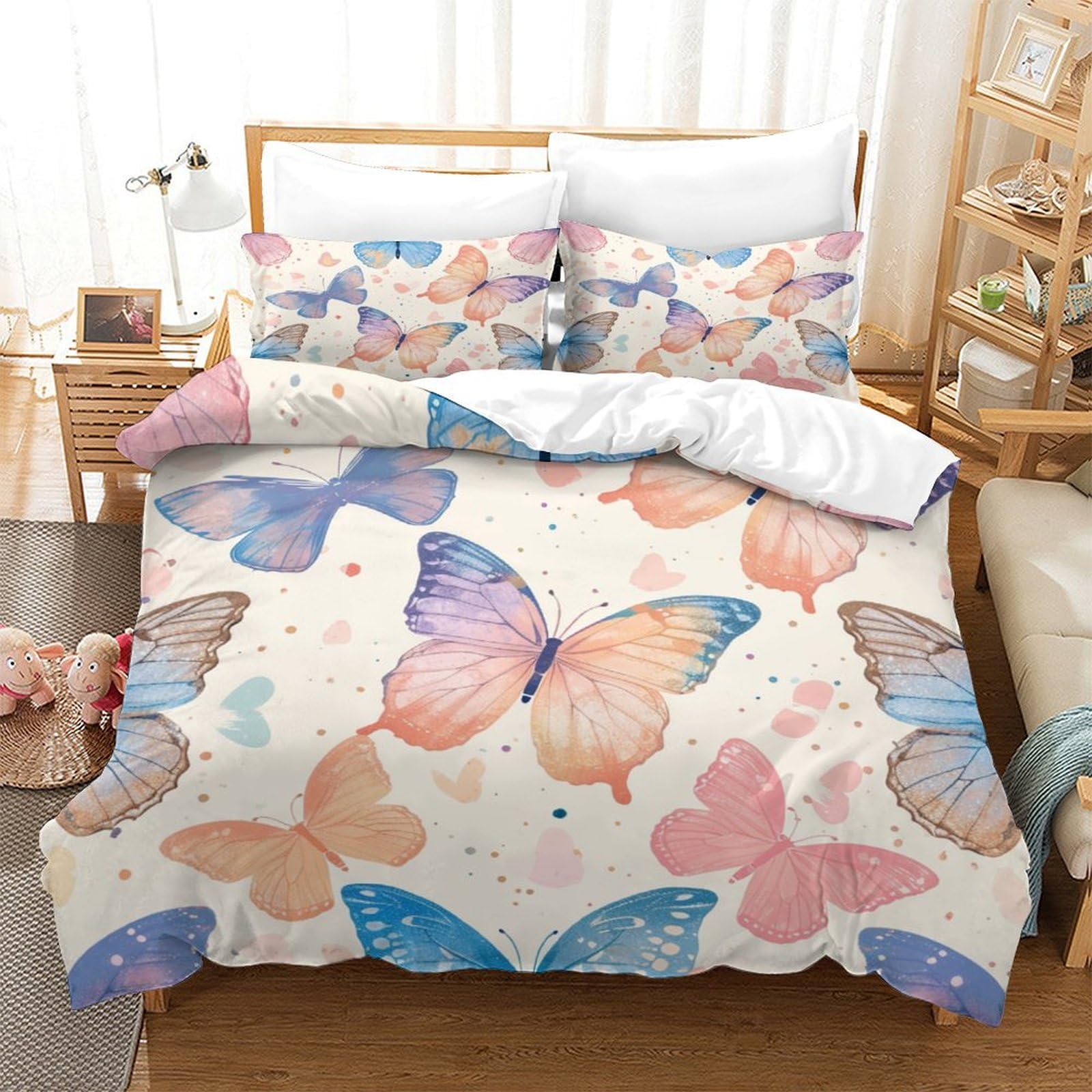 P1S9U7W5Y Colorful Butterfly 3D Printed 3pcs Duvet Cover Set Microfiber Butterfly Pattern Bedding Set King（220x240cm）
