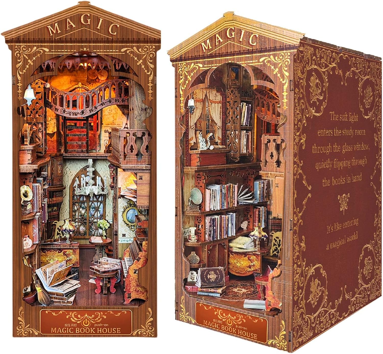 Kisoy Book Nook Kit, 3D Wooden Puzzle Booknook Build Bookshelf Decor, DIY Miniature House Kit for Adults and Teens, Mini House Arts & Craft Gifts for Family and Friends (Magic Book House)
