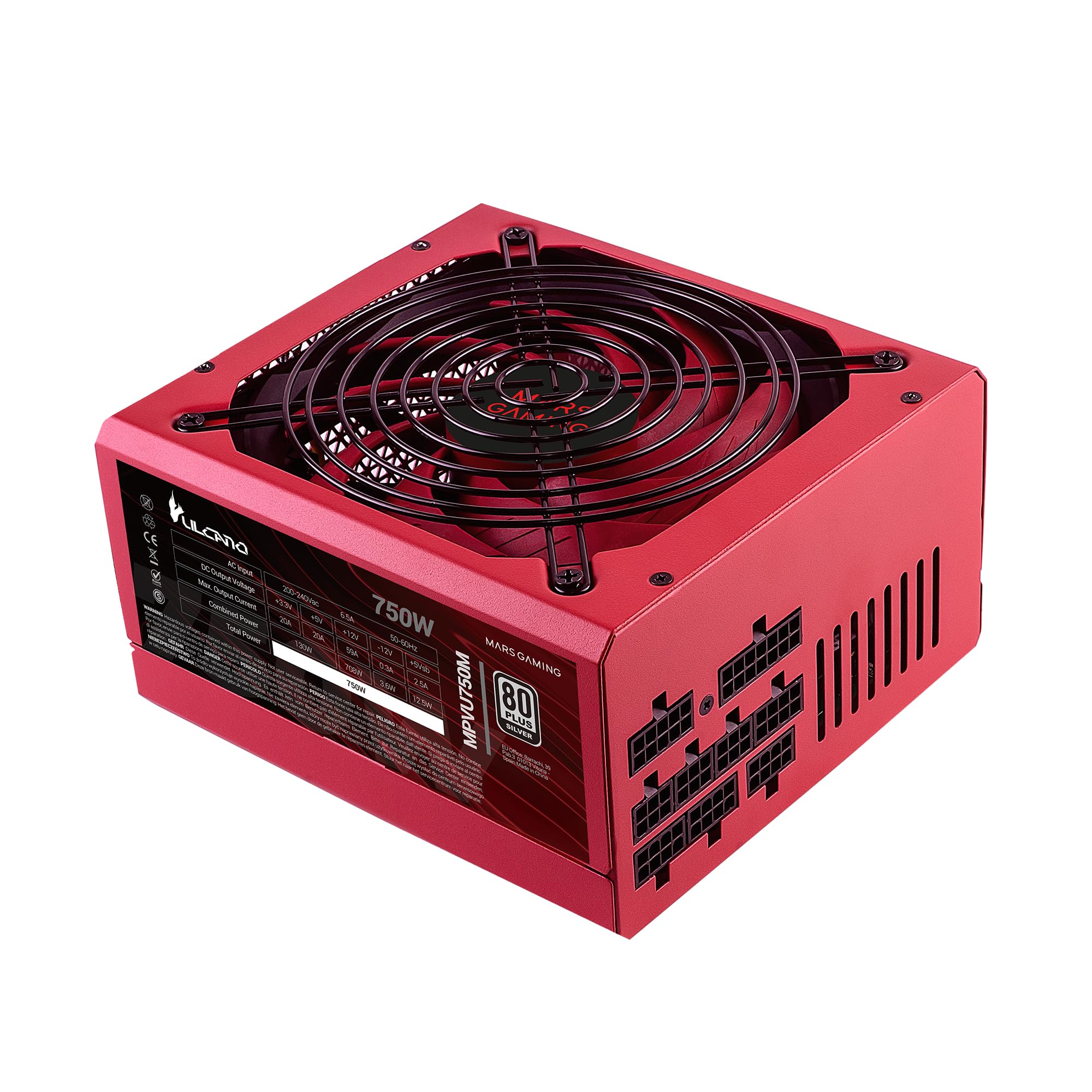 Mars Gaming MPVU750M, Pełni Modularny Zasilacz ATX 750W, 10 Lat Gwarancji, 80Plus Silver +87% Sprawności, 140mm Wentylator FDB z Technologią AI-RPM, Japońskie Kondensatory 105°, Czerwony