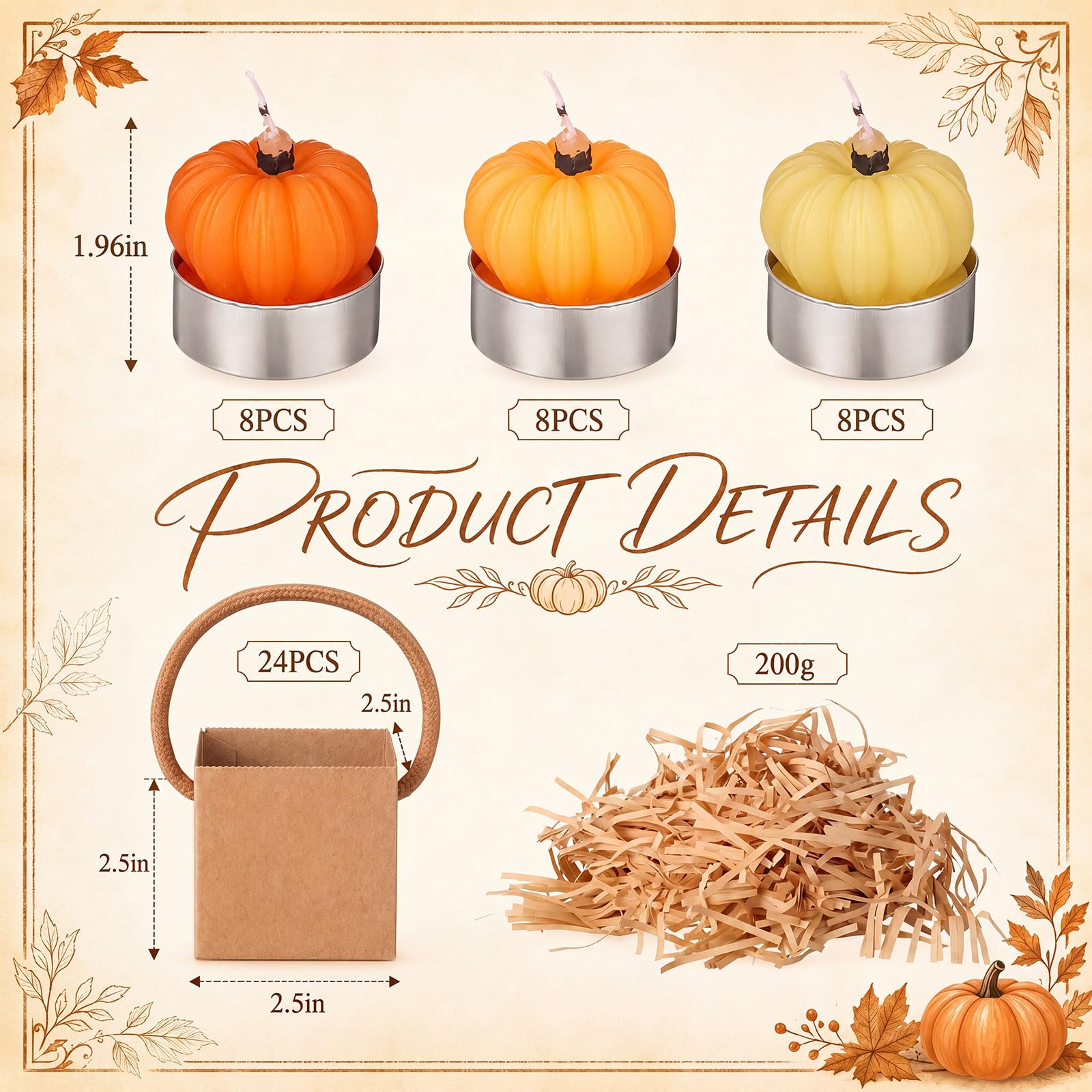 MTLEE Juego de 24 velas con forma de calabaza de otoño con bolsas de papel kraft y relleno de rafia, vela de cera de soja y calabaza naranja, regalo de Acción de Gracias, Halloween, para mujeres