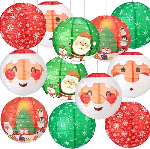 12 linternas de papel colgantes de Navidad, decoración colorida redonda de Papá Noel, copo de nieve, muñeco de nieve, árbol de Navidad, faroles de
