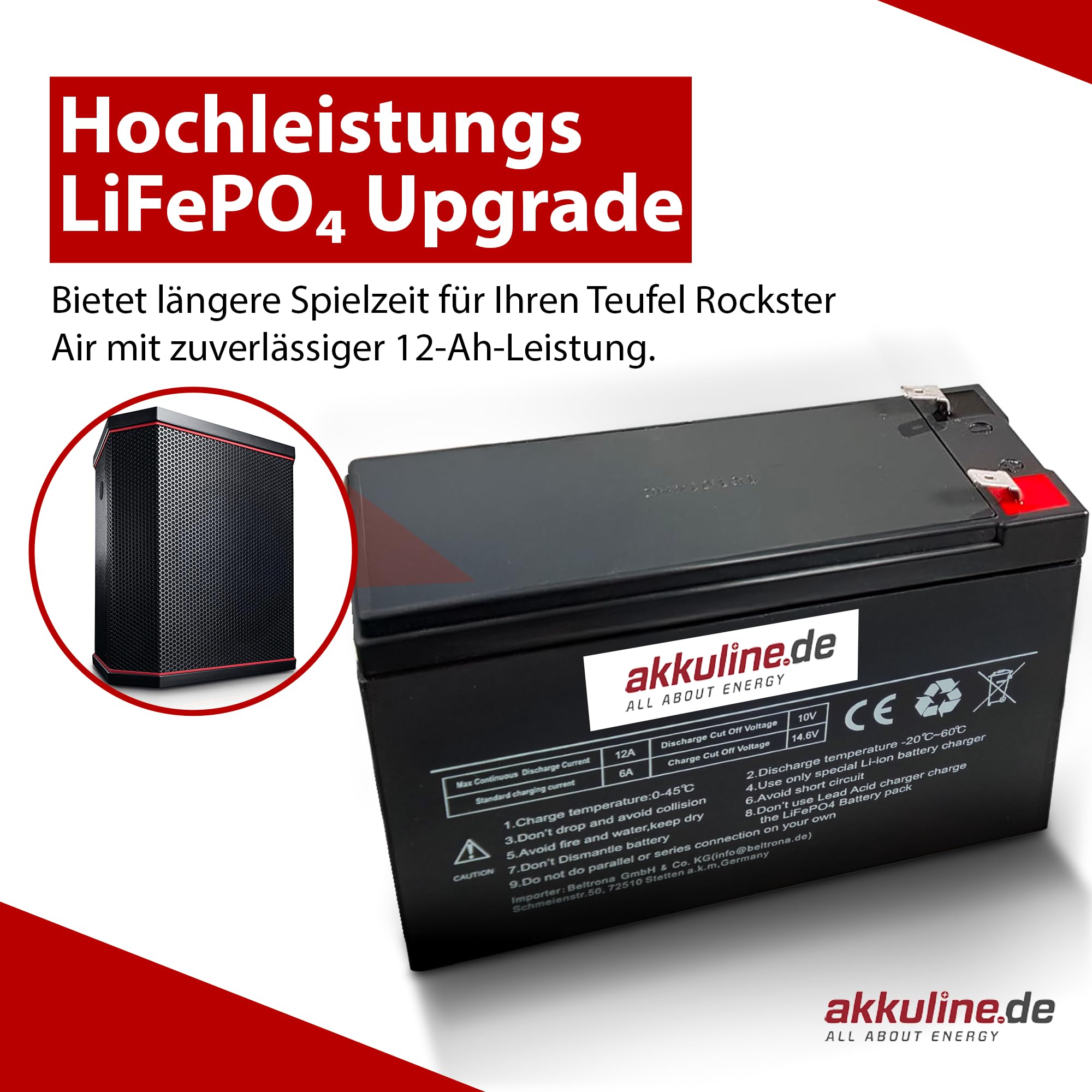 Ersatzakku kompatibel mit Teufel ROCKSTER AIR – auslaufsicher & wartungsfrei, LiFePO4, 12V 9Ah