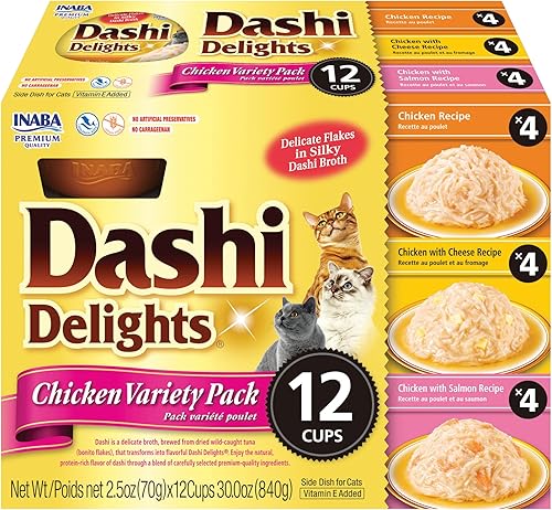 INABA Dashi Delights para gatos, pollo rallado con caldo de hojuelas Bonito, taza de 2.5 onzas, 12 tazas en total, variedad de pollo disponible en Yaxa Peru