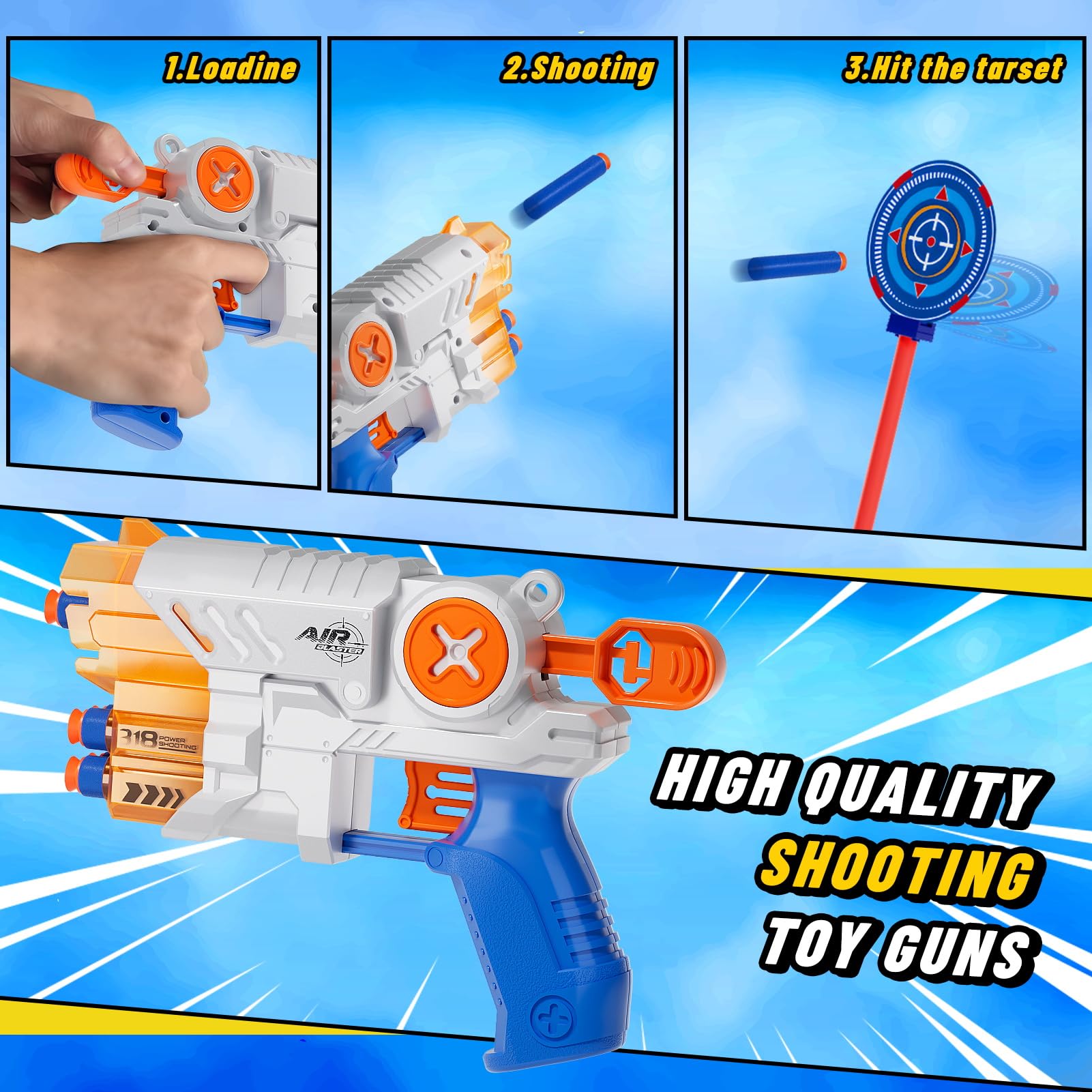 Kinderspielzeug Schießspiel ab 4-10 Jahren, Automatisch Rotierende Zielscheibe Schießspielzeug Set mit 2 Spielzeugpistolen & 20 Schaumstoff Blaster Geschenk für Junge Mädchen Outdoor Indoor