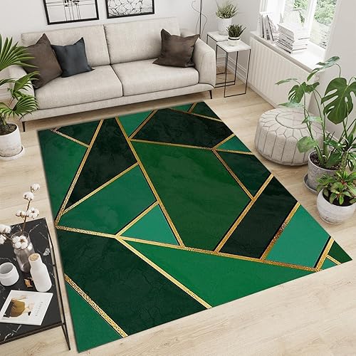 Miniatura 3 de HEISEM Alfombras modernas de líneas geométricas negras y doradas, alfombra grande de lujo con patrón irregular abstracto verde esmeralda, para