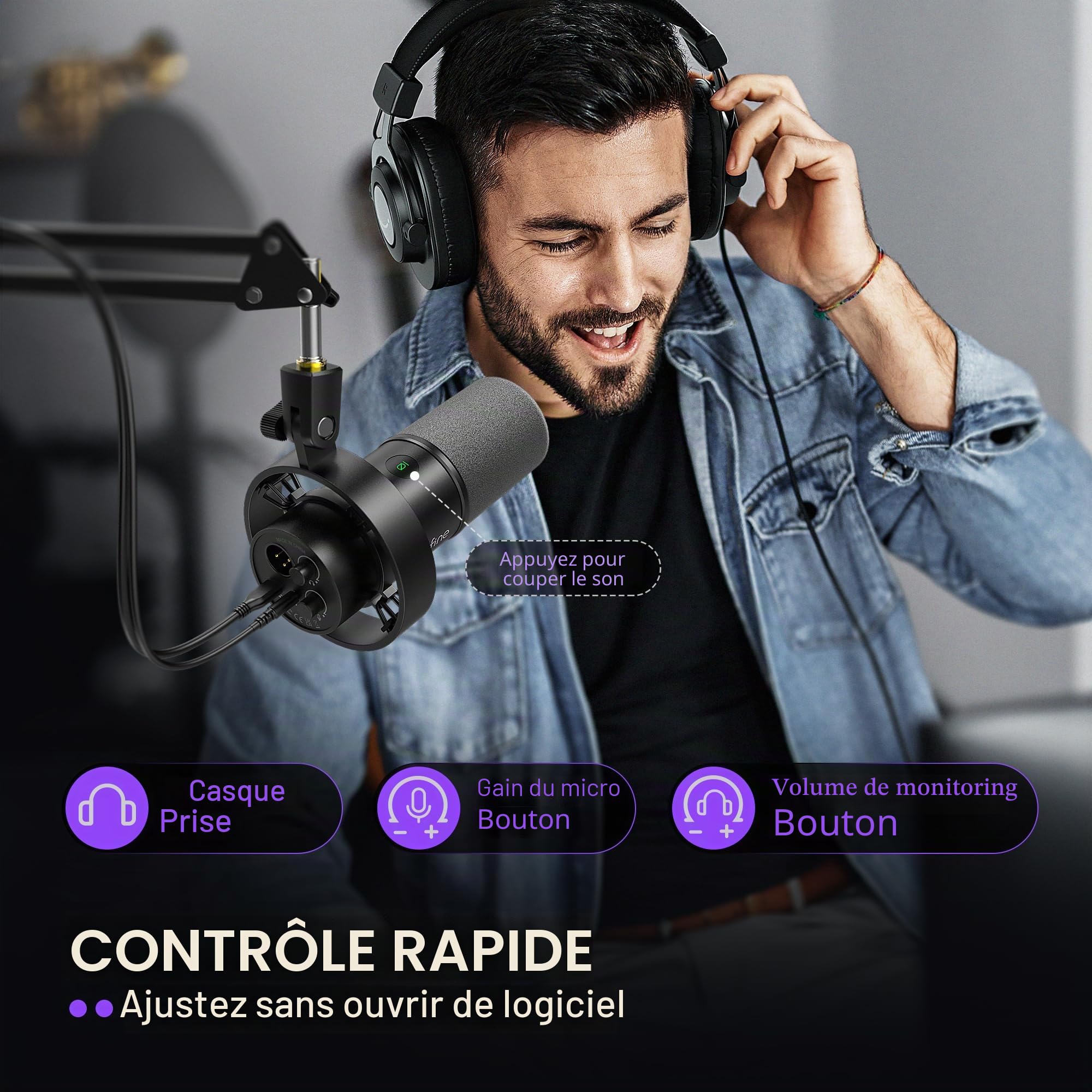 FIFINE K688 Kit de microphone pour podcast, microphone dynamique USB/XLR avec perche pour PC/mixeur XLR, microphone de jeu avec bouton de sourdine, prise casque pour voix, voix-off, streaming