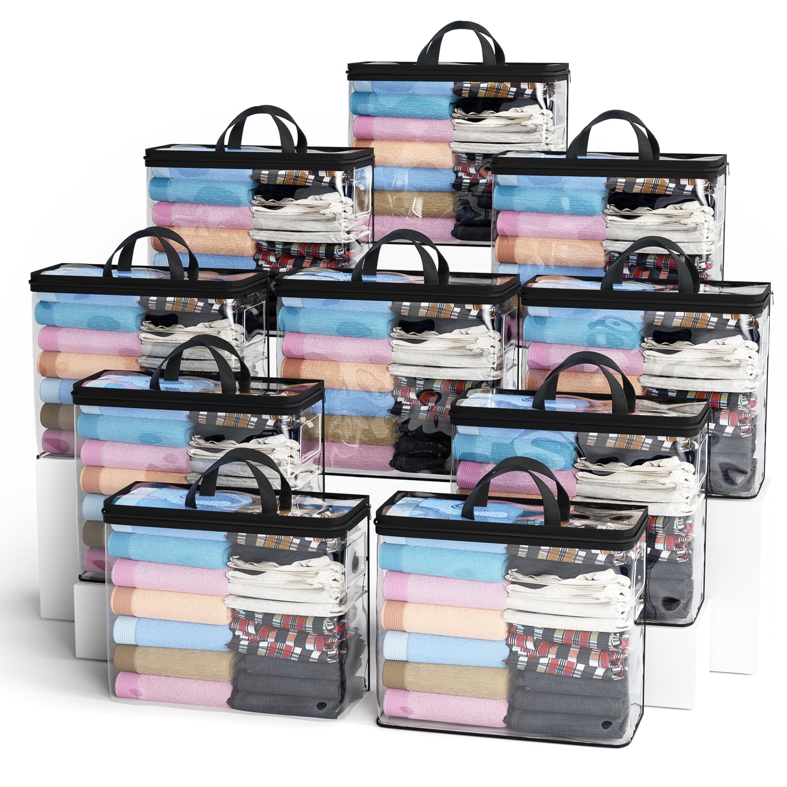 10PACK Clear Zippered Storage Bag for Clothes, 22L Clear Storage Bags, and Blanket Storage Bags for Bedding, Linen, Blankets, Comforters, Clothing & Toys (Black)