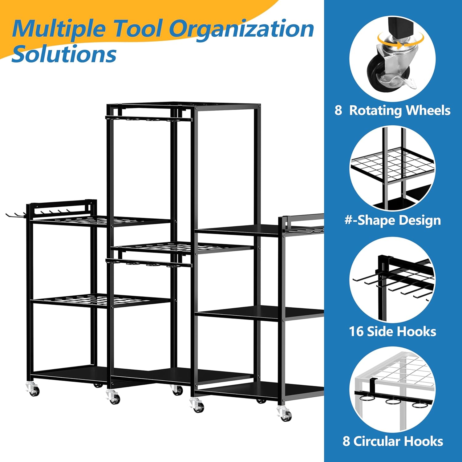 ROGMARS Garden Tool Organizer with Wheels for Garage,49" Heavy Duty 3 Tier Yard Tool Holder Storage Rack with Large Hooks for Shed/Yard/Broom/Lawn/Long-Handled Garden Cart