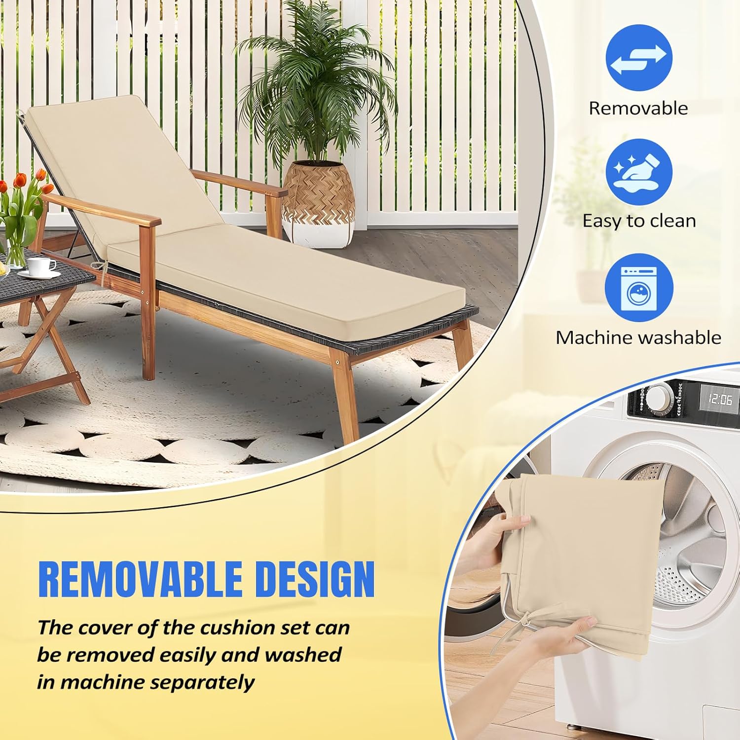 Basic Beyond Chaise Lounge Cushions Outdoor, 3-Layer Waterproof Outdoor Furniture Cushions with Removable Cover and 4 Ties, 72"x21"x3" Patio Lounge Chair Cushions for Outdoor Furniture, Beige