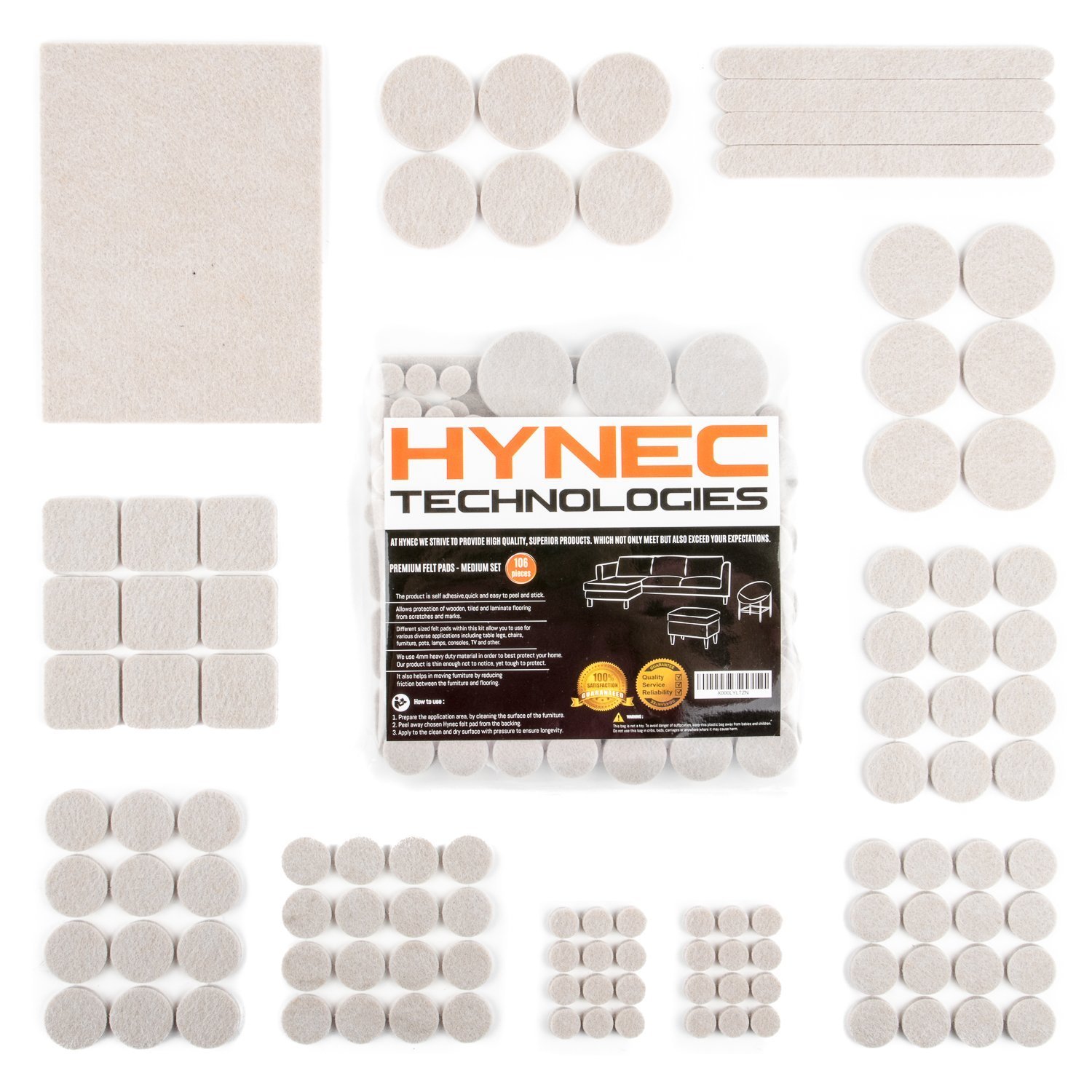 Hynec Premium Furniture Felt Pads for Furniture feet Medium Set 7 Different Sizes Beige Self