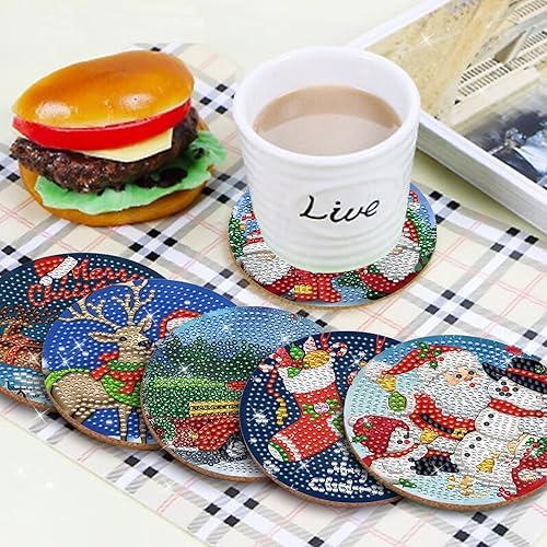 Miniatura 4 de Juego de 6 posavasos de arte de diamantes de Navidad, posavasos de pintura de diamantes de Navidad con soporte 5D para principiantes, adultos y niños