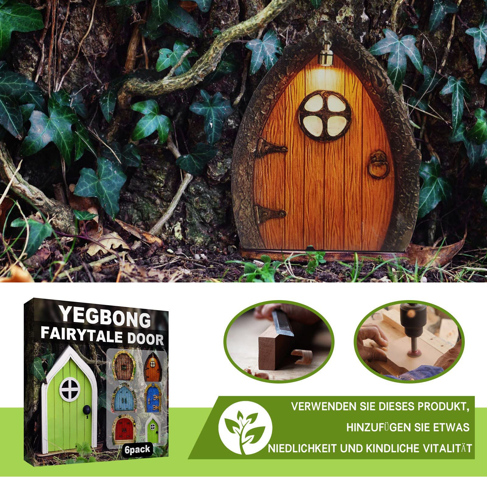 Gartendeko Wichteltür Mit Fenstern & Lampe – 4-teiliges Set, Harz, Nachtleuchtend