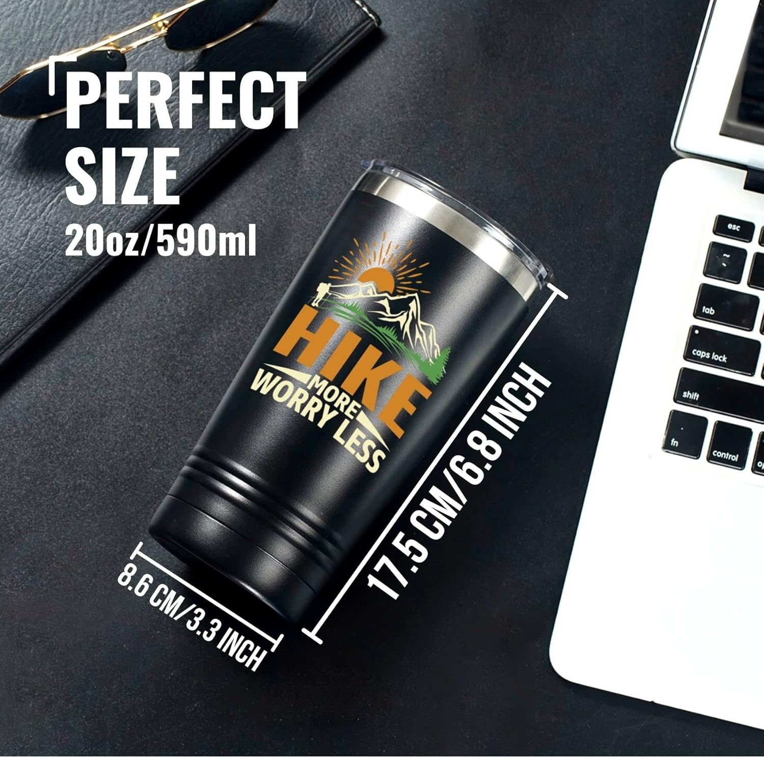 Onebttl Hiking Gifts for Hikers, Men for Christmas, Birthday, 20oz Stainless Steel Tumbler Travel Cup with Straw & Lid - Hike More Worry Less Black - Image 5