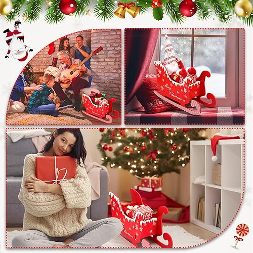 Miniatura 6 de Trineo de Navidad de Papá Noel para interiores, trineo de madera roja, decoración de árbol de Navidad, kit de accesorios de cabina de fotos,
