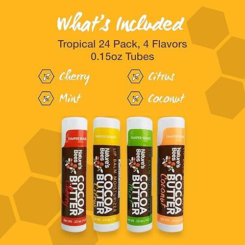 Miniatura 4 de Nature's Bees - Paquete de 24 tubos de bálsamo labial de manteca de cacao Nature's Bees para tratamiento hidratante (4 sabores tropicales, 6 de cada