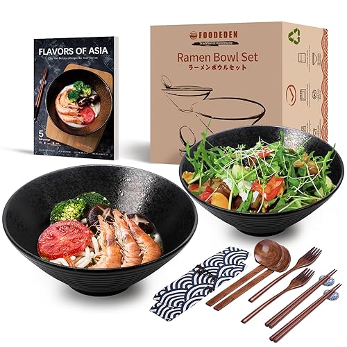 Ramen Bowl Set of 2, 1500ml Japanese Ceramic Noodle Soup Bowl(with Spoons, Chopsticks and Forks), Large and Deep Bowl for Pho, Udon, Pasta, Curry, Cereal and Salad, Housewarming Gift-Microwave Safe - Shining Black - 2ร1500ml