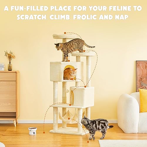 Miniatura 2 de Quuzee Árbol para gatos de interior  Torre grande de 63 pulgadas de varios niveles con 2 condominios para gatos grandes, 2 perchas acolchadas,