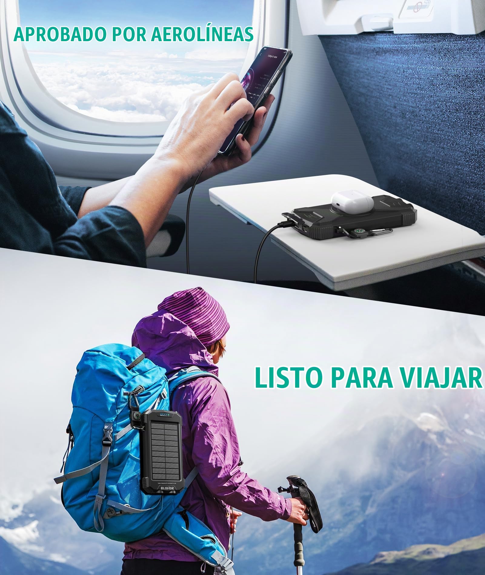 Solar Power Bank Cargador Solar 10000mAh, Banco de energía USB C portátil con Panel Solar Qi Carga rápida inalámbrica Batería de Camping Cargadores solares para teléfono móvil