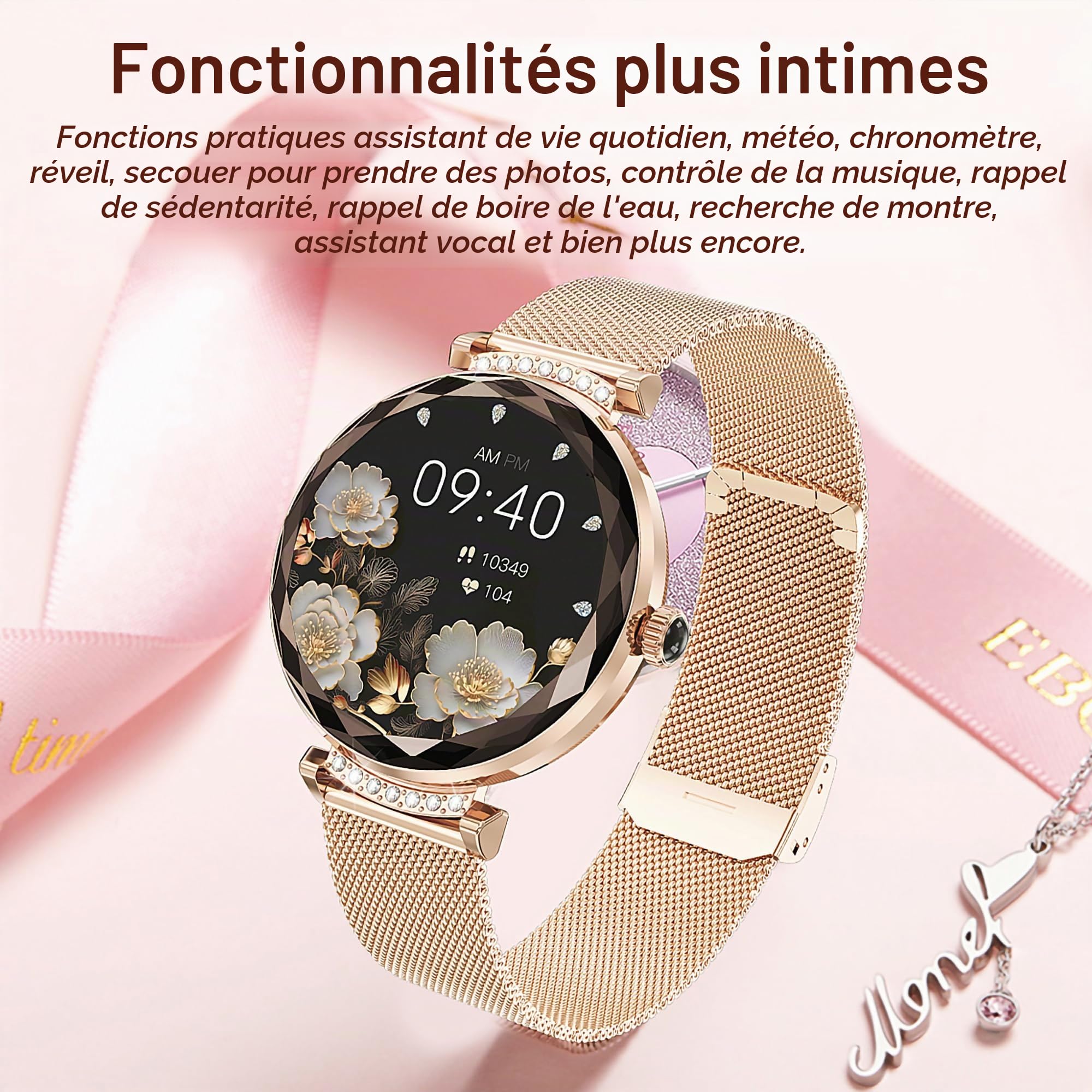 Montres Connectées Femme avec Tension Artérielle/Réponse aux Appels/Rythme Cardiaque/Pas/Sommeil/Multisports/Étanche IP68, Tracker Fitness 1,19" pour iOS Android (Or avec Diamants)