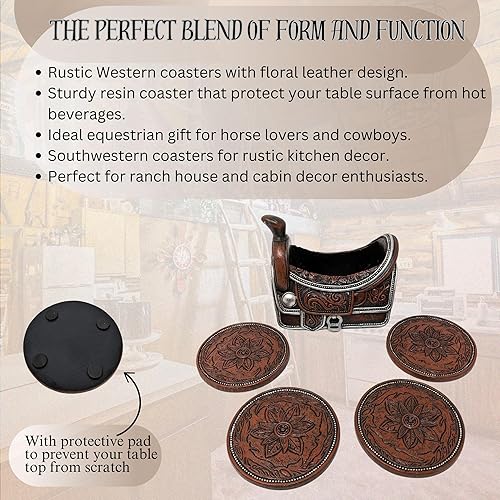 Miniatura 2 de BestGiftEver Juego de 4 posavasos inspirados en vaqueros occidentales para bebidas, diseños de cuero con herramientas florales, regalo ecuestre