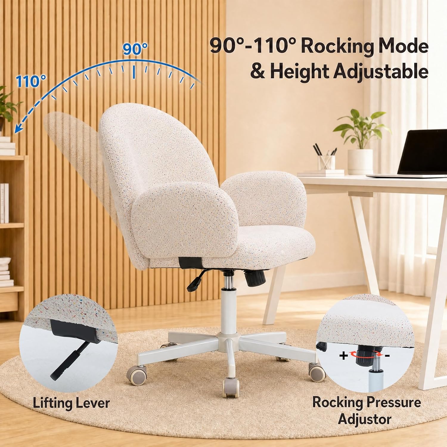 Home Office Desk Chair with Petal Backrest, Starry Chenille Cute Swivel Vanity Chair Adjustable Height, Comfy Upholstered Computer Chair with Wheels for Bedroom Living Room Makeup (Beige)