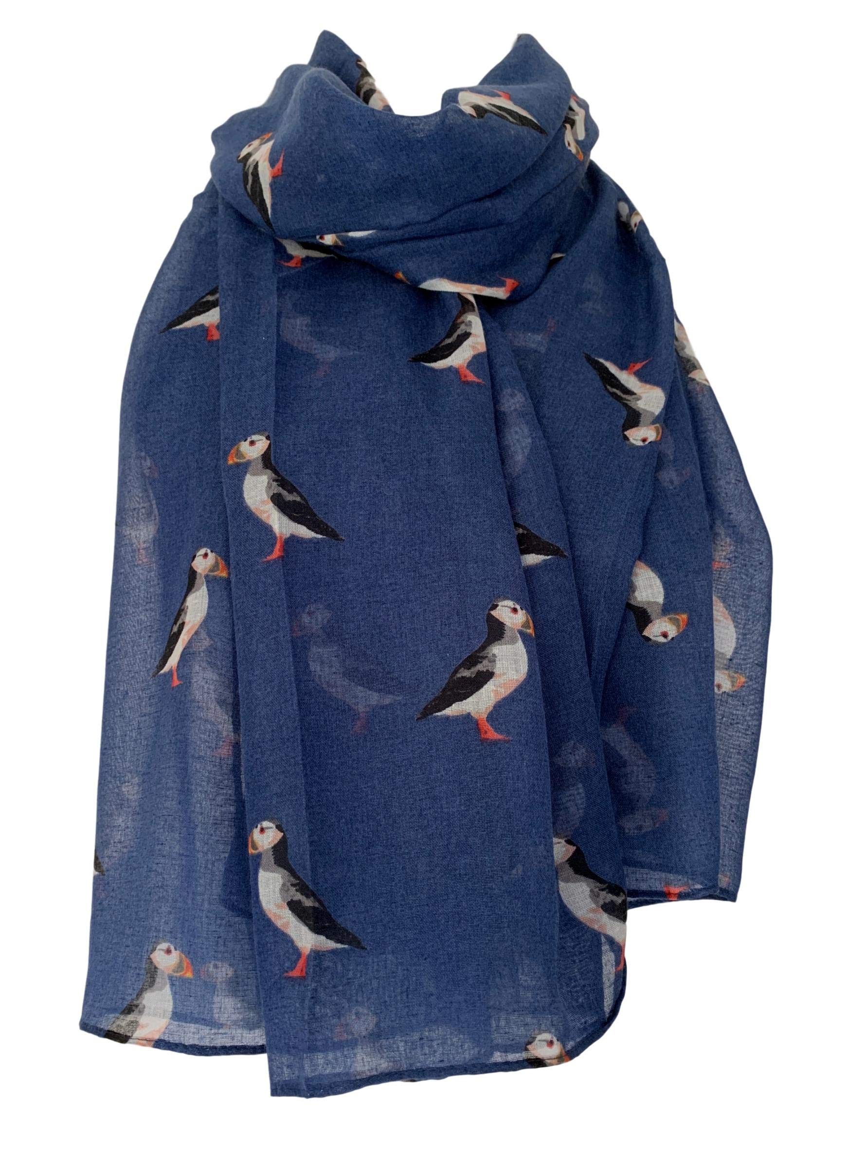Purple Possum Women's Blue, Navy, Navy Blue Purple Possum® Puffin Scarf Puffins Shawl Cute Large Bird Print Wrap Birds (Blue)