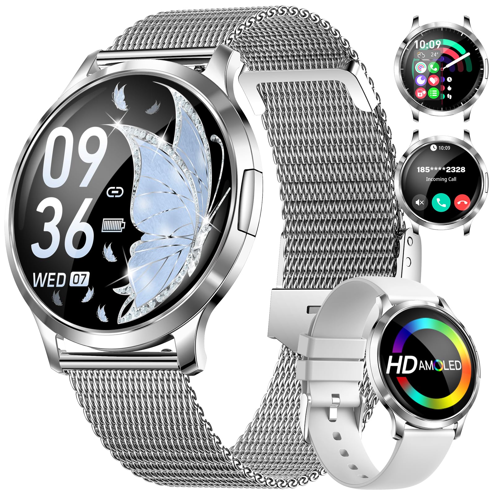 DREMAC Smart Watch(Make Call/Thin),1.32'' Amoled Curved Display for Android iPhone,Smart Watches for Women with Heart Rate Monitor,Sleep Monitor,Pedometer,IP68 Waterproof Fitness Tracker,Silver Metal