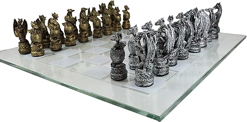 Miniatura 1 de Ebros - Juego de ajedrez de resina con diseño de dragón de color plateado y dorado, juego de ajedrez de resina con vidrio esmerilado, juego de mesa