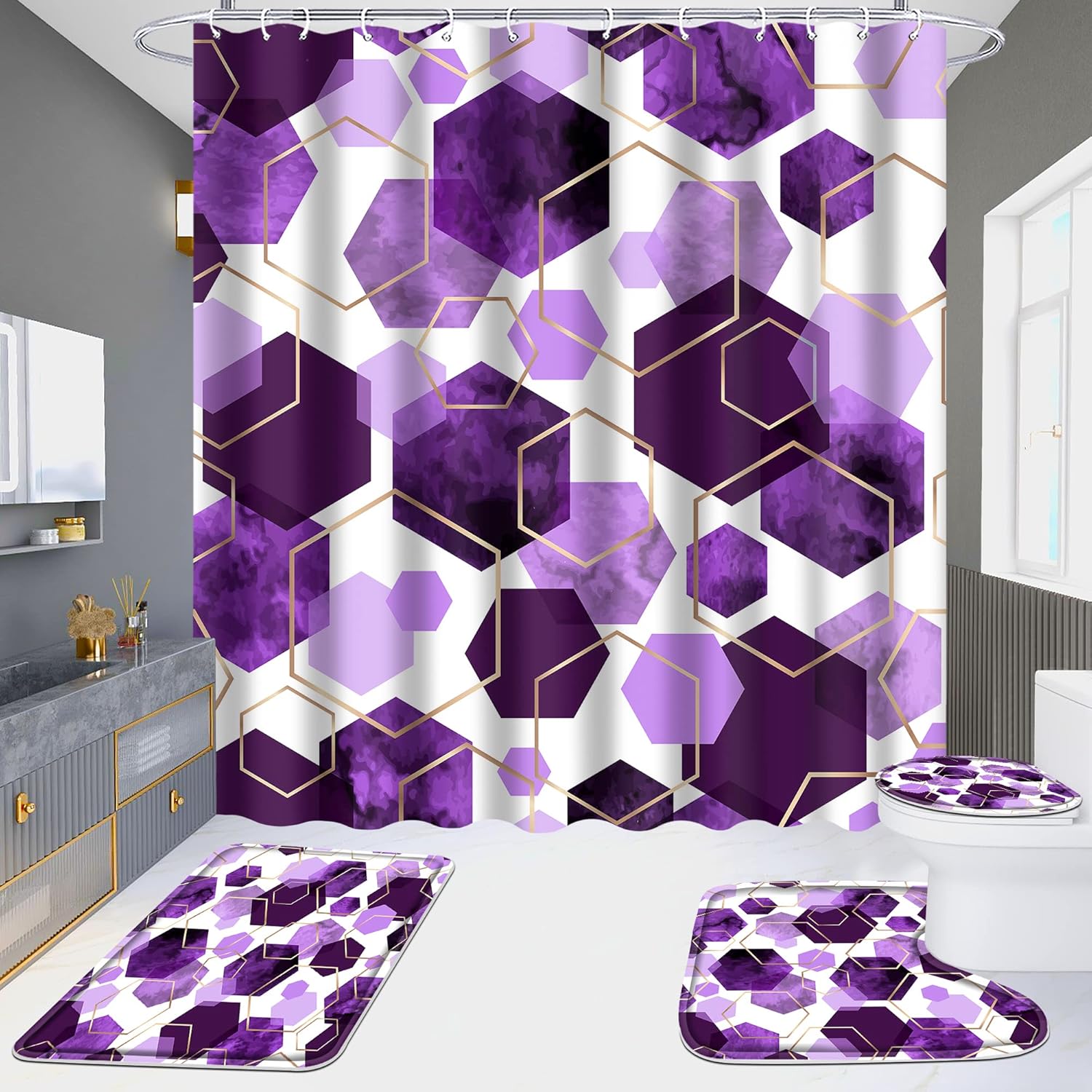 YOKYHOM Bathroom Sets, 4 Piece Purple Geometric Bathroom