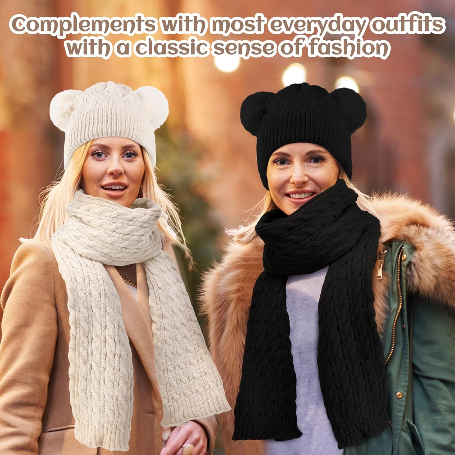 Suhine 8 Pcs Hat Scarf Ear Muff and Gloves Snowboarding Set for Women Winter Knit Beanie Pompom Hat Warm Touch Screen Gloves for Women Men Adult