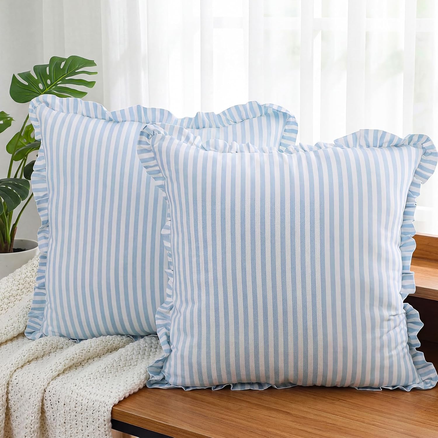 Yousoontic 2 Pcs Striped Coastal Pillows Cover with Ruffle 20 x 20 Inches Blue and White Square Striped Throw Pillows Cover Cotton Decorative Cushion Case for Couch Home Living Room Bed Sofa Patio