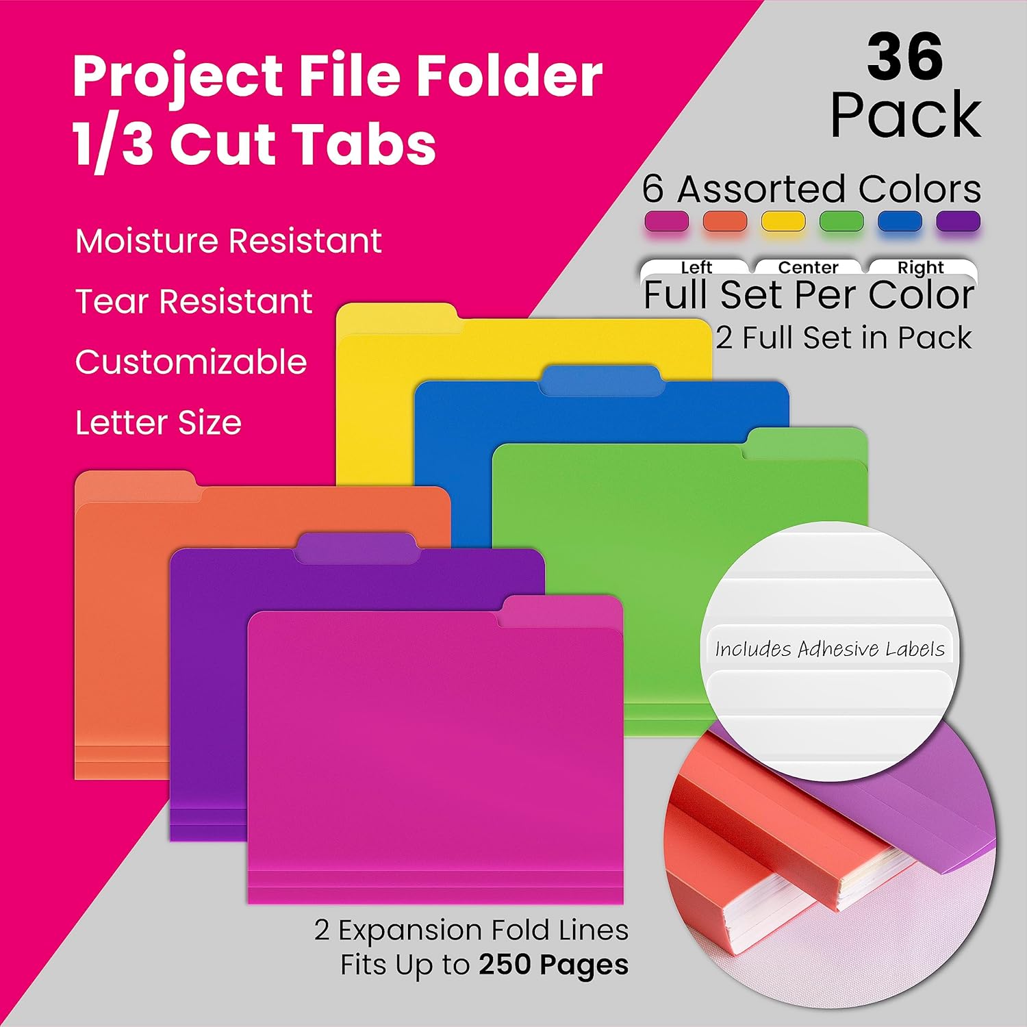 Better Office Products Heavyweight Poly File Folders, 1/3 Cut Tabs, 36 Pack, Assorted Colors, Letter Size, with Adhesive Labels,