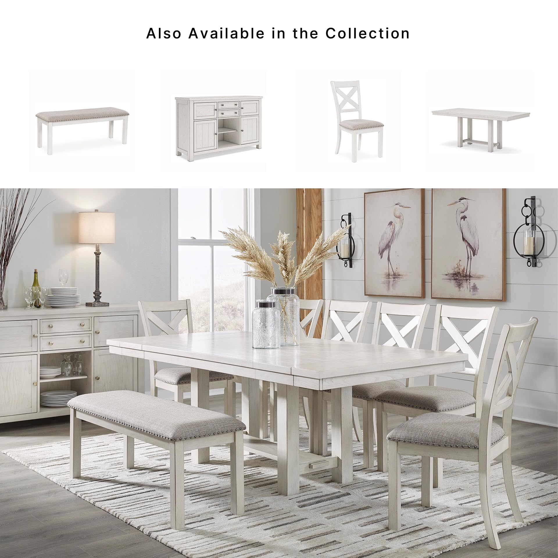 Signature Design by Ashley 48" Upholstered Dining Bench, Antique White | Solid wood frame with textured grain, Light gray polyester upholstered seat with nailhead trim, Seats 2, Robbinsdale