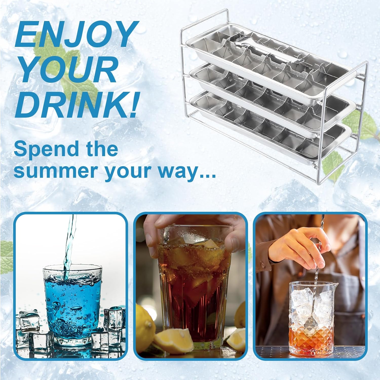 3 Pack 18-slot Stainless Steel Ice Cube Trays with Lever and Stand Metal Ice Cube Trays Stackable Retro Vintage Tray Non Toxic for Bars Kitchens Freezer Dishwasher Safe