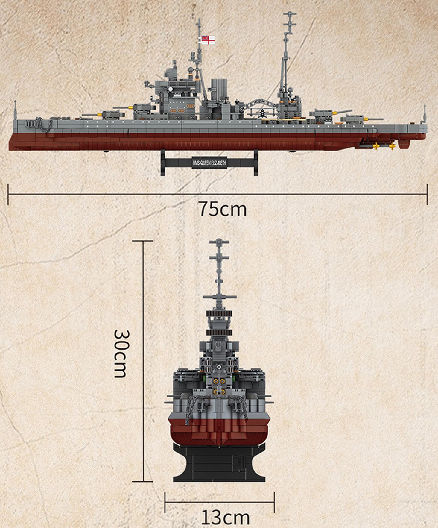 Schlachtschiff HMS Elizabeth Bausteine Bausatz, 2277 Teile Military WWII Militär Kriegsschiff Marine-Schlachtschiff Modell, MOC Klemmbausteine Militär Modellbausatz, Geschenkbauset für Erwachsene