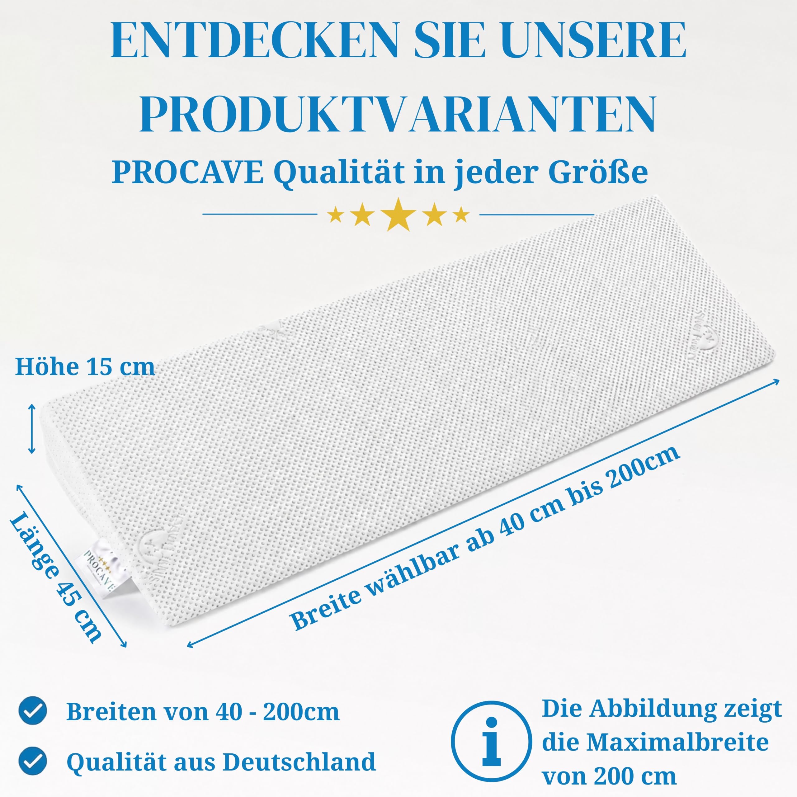 PROCAVE Bettkeil mit Bezug aus Silver Protect-Doppeltuch | Breite: 180 cm x T: 45 cm x H: 15/1 cm | Made in Germany | keilförmiges Schaumstoffkissen für Betten und Wasserbetten