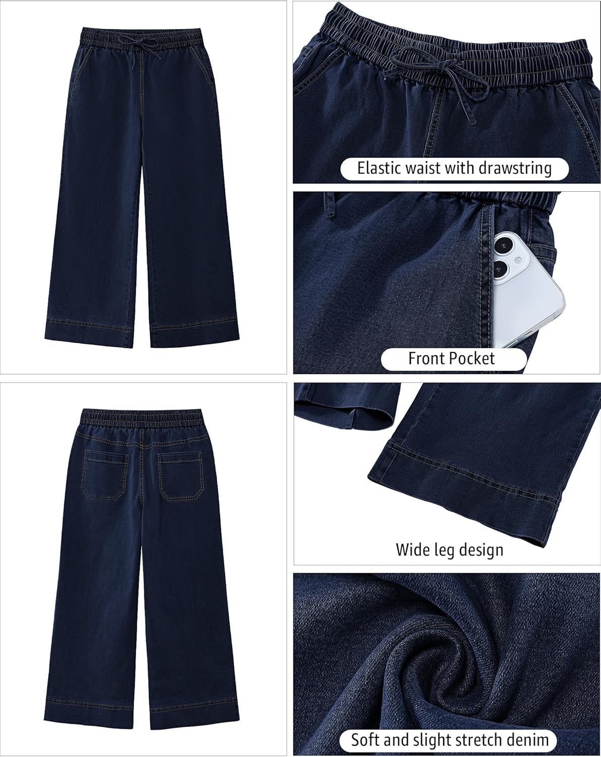 luvamia Wide Leg Jeans for Women High Waisted Cropped Pull On Jeans Elastic Wasit Drawstring Stretch Denim Trouser Pants - Image 5